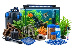 Aquarium Supplies Aquarium category display featuring fish tanks, fish food, and decorative aquarium accessories arranged together, including filters and other essential aquarium supplies.