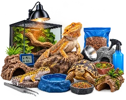 Reptile Supplies Reptile sitting beside Reptile food and accessories
