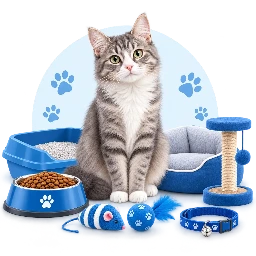 Cat Supplies Cat sitting beside cat food and accessories