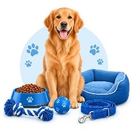 Dog sitting beside dog food and accessories