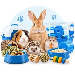 Small Animals Supplies Small Animals sitting beside Small Animals food and accessories