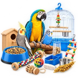 Bird Supplies Birds sitting beside Birds food and accessories